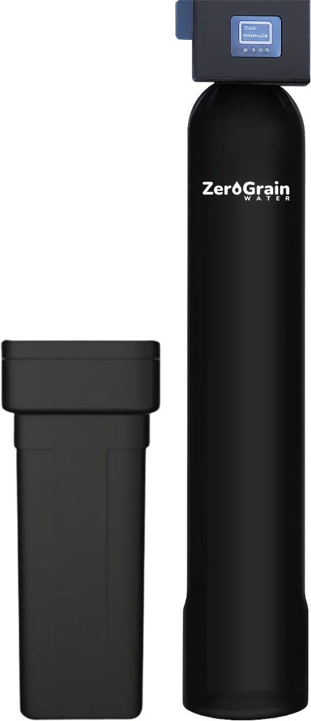 Product render: a black softener column with a lit control panel up top, its short brine tank standing to the left